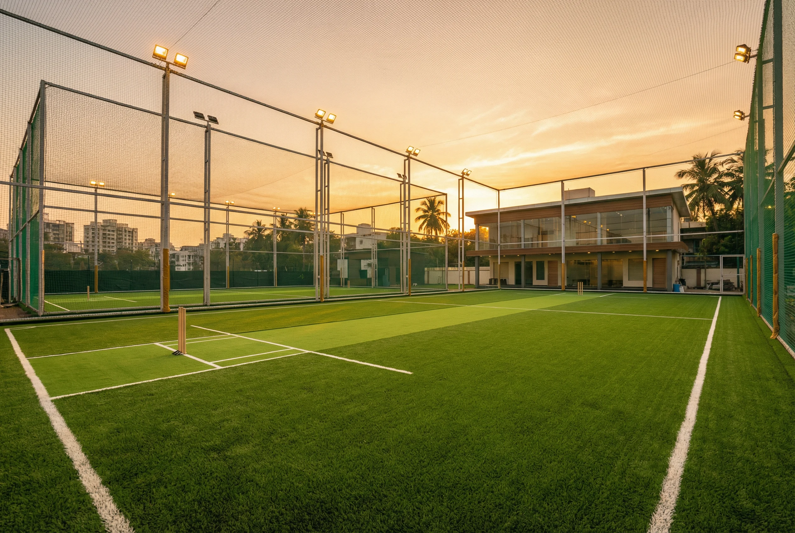 Wide-angle ground photo showing full playing area, floodlights, and boundary